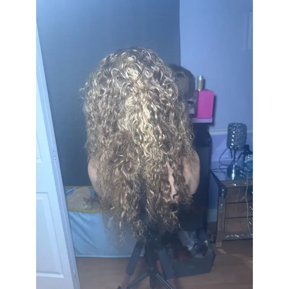 Brown Human Hair Lace Front Wig Curly with Highlights